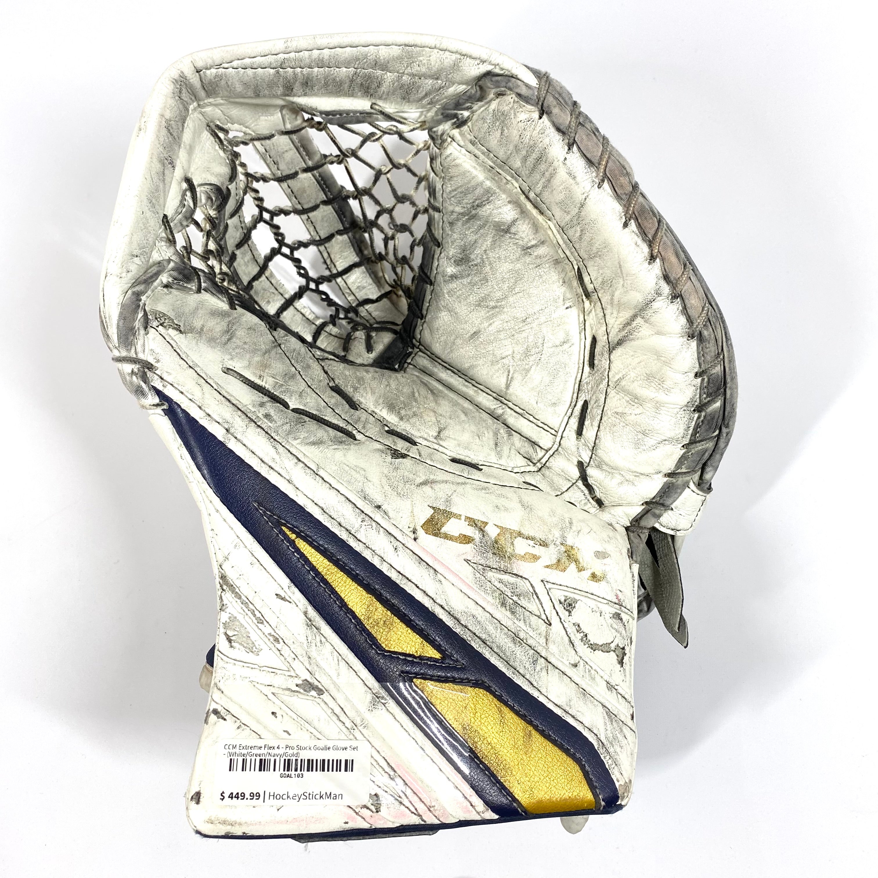 CCM Extreme Flex 4 - Gant de gardien de but Pro Stock - (Blanc/Vert/Marine/Or)